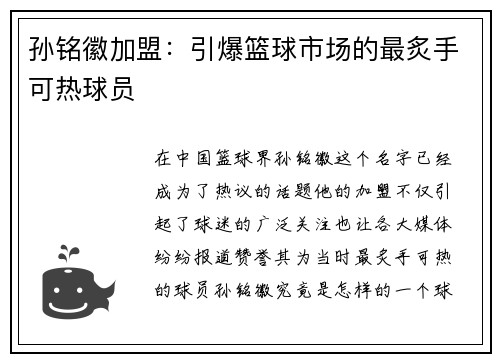 孙铭徽加盟：引爆篮球市场的最炙手可热球员